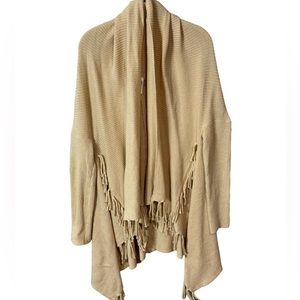 Cream/Tan color Long Duster with Fringe, Open front Cardigan, Size Small